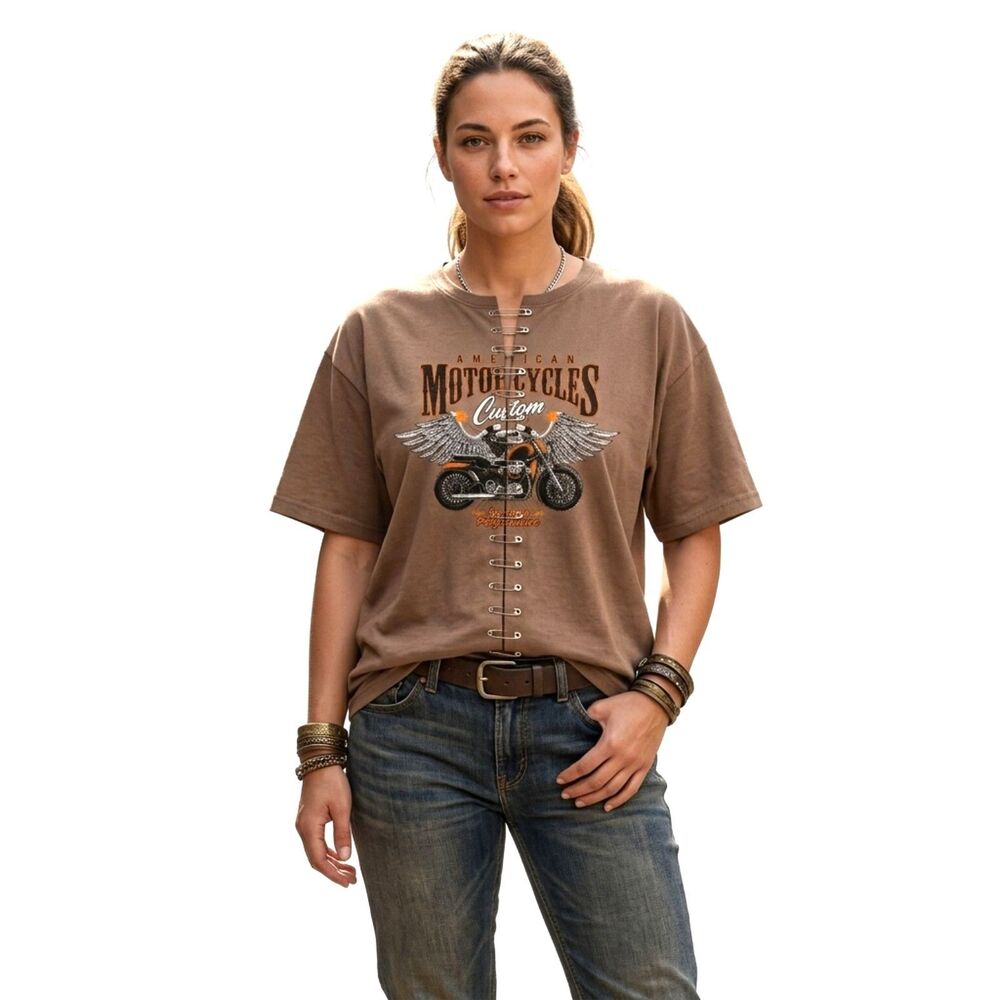 Motorcycle Graphic Oversized Tee L Safety Pin Front Biker Grunge